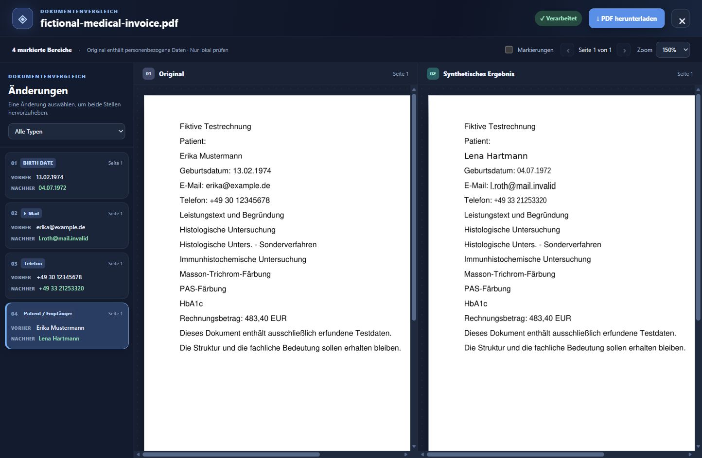 Original CoverTwin product screen from covertwin.com: document comparison showing an entirely fictional test invoice and its synthetic result