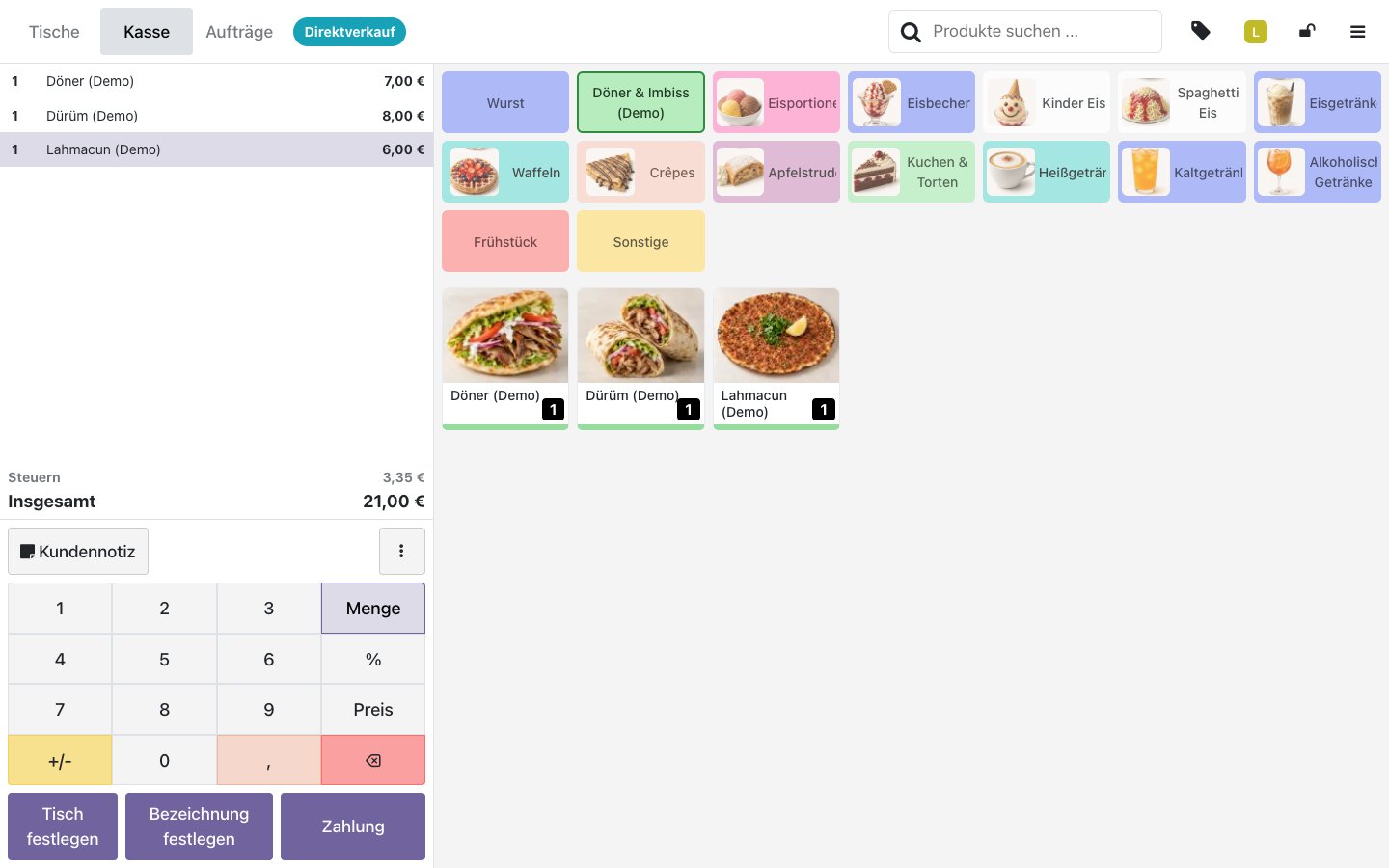 Original PayBiene demo checkout showing döner, dürüm and lahmacun, sourced from paybiene.de